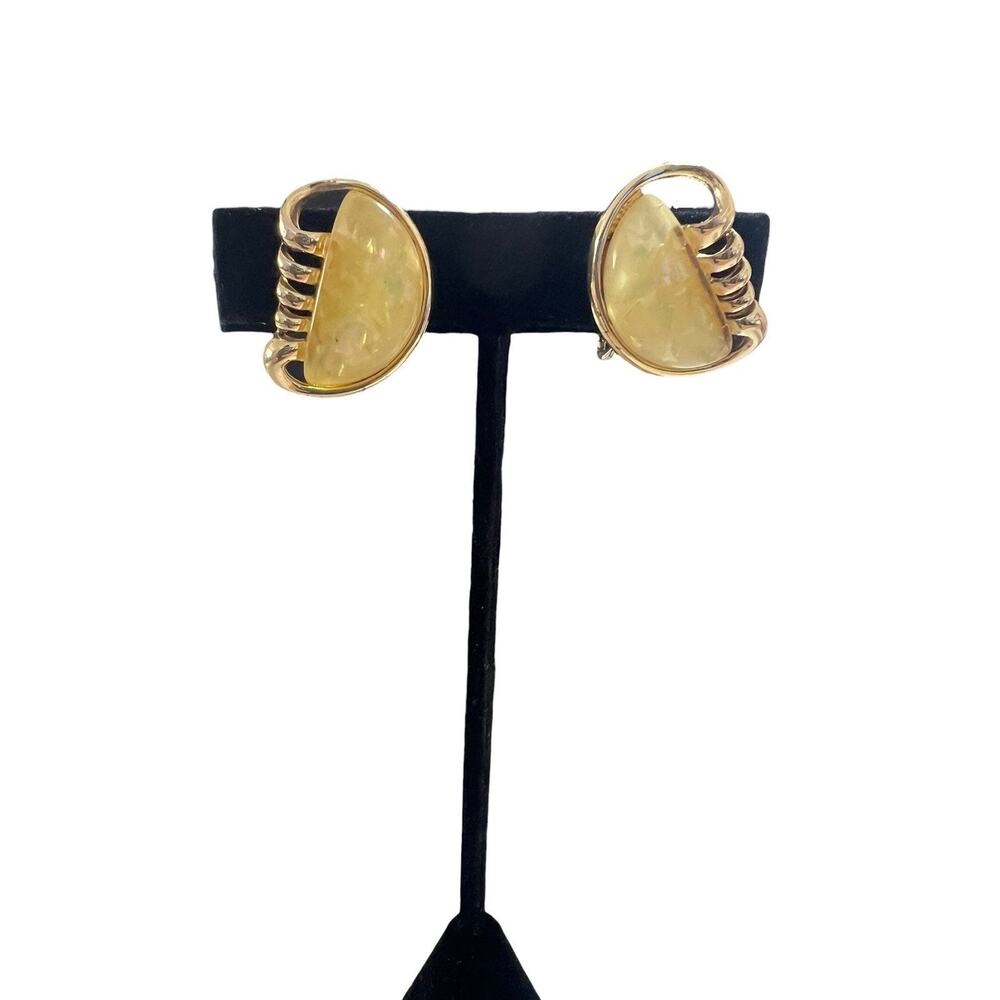 Vintage Signed Coro Gold Tone Faux Opal Clip On Earrings